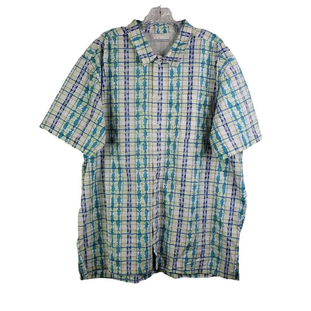 Columbia PFG Shirt Men Size XL Yellow Blue Fish Plaid Vented Short Sleeve Button